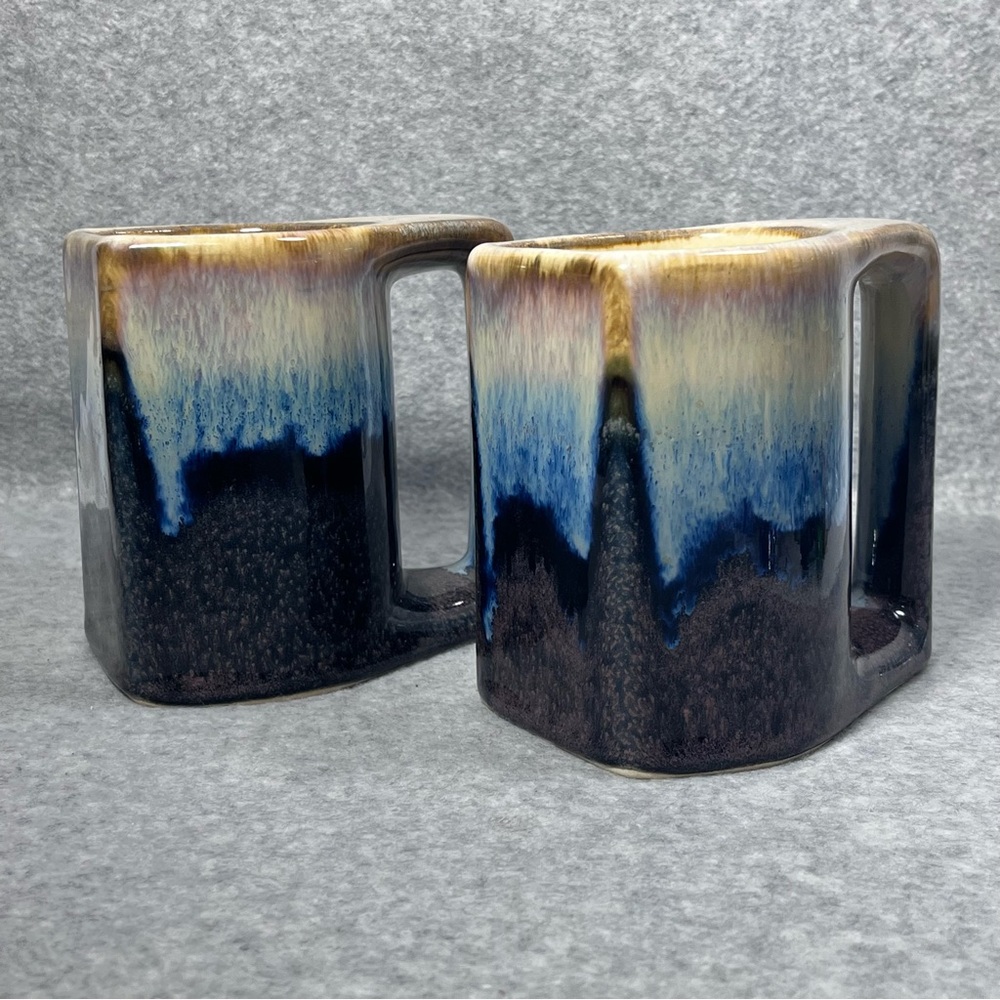 Rodolfo Padilla Coffee Mugs Mexico Set Of‎ 2 Drip Glaze Vintage Blues Tans Pair